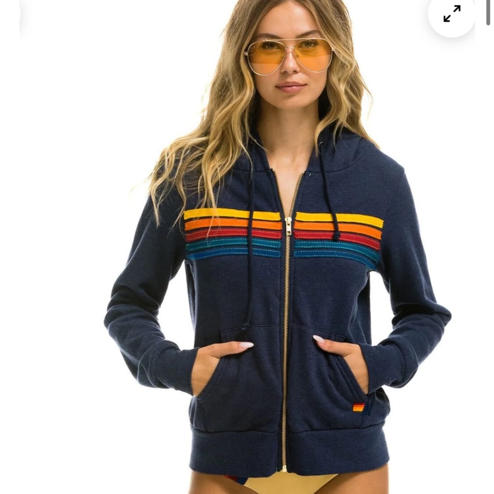 Aviator Nation 5 Stripe Navy Rainbow Hoodie Sweatpants Set M/L
